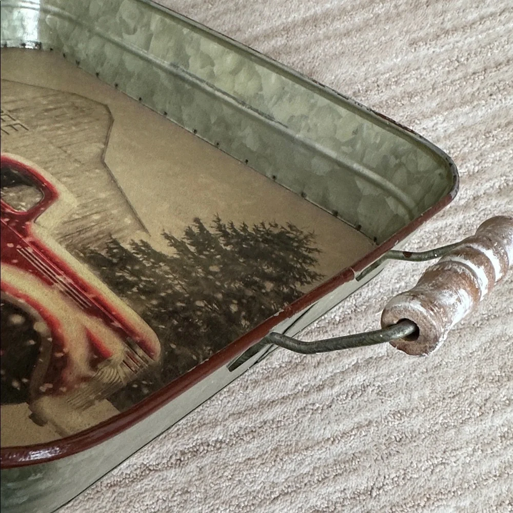 ‘Tree Farm With Truck' Metal Serving Tray with Handles by Lori Deiter, 14” x 11”